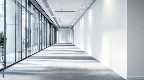 Obraz na płótnie Modern spacious white open-space office corridor with glossy floors, large windows, and a blank mockup wall perfect for displaying advertisements, branding, or promotional content w salonie