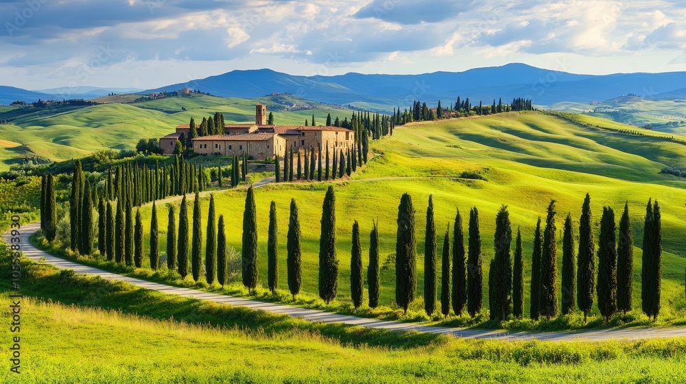 Obraz premium Serene Tuscan Landscape with Cypress Trees and Hills