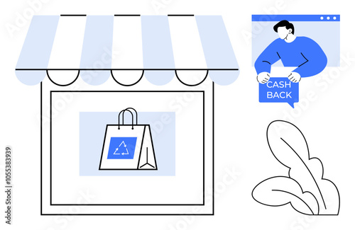 Minimalist style shopfront with a reusable bag, indicating eco-friendliness, next to an online offer for cashback. Ideal for shops, e-commerce, sustainability, recycling, and eco-conscious consumers