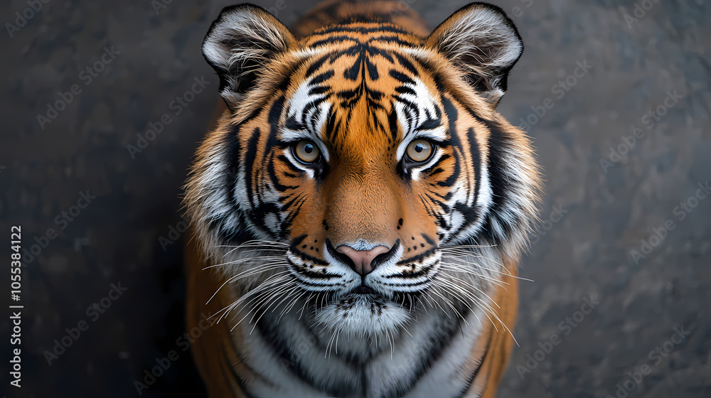 Obraz premium Tigers have powerful builds, bold orange fur with black stripes, and intense eyes. There is a sense of strength and grace about the tiger's face, with sharp features and a focused gaze.
