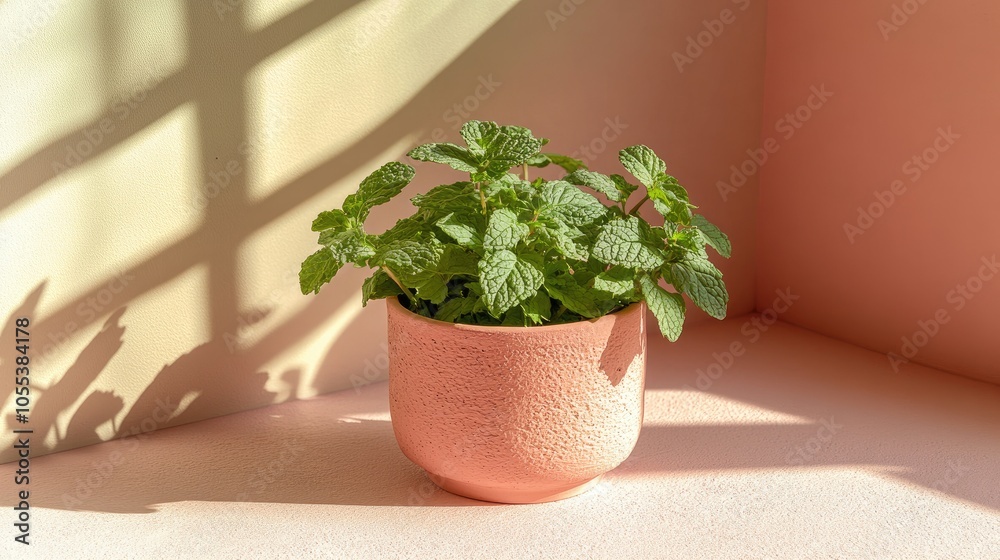 Fresh Mint Plant in Decorative Pot with Shadows Fresh Mint Plant in Decorative Pot with Shadows