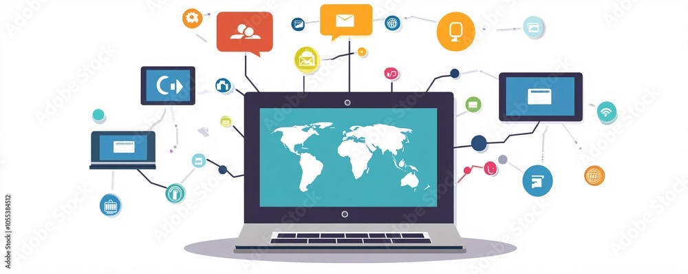 Laptop showing world map connected to global communication network Laptop showing world map connected to global communication network