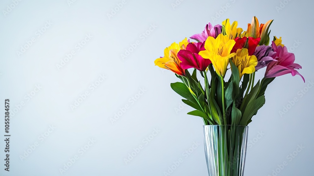 Colorful Flower Bouquet in Clear Vase on Gray Background Colorful Flower Bouquet in Clear Vase on Gray Background