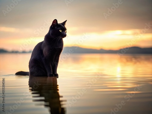 Black Cat in Water: Minimalist Photography for Tranquil Cat Portraits
