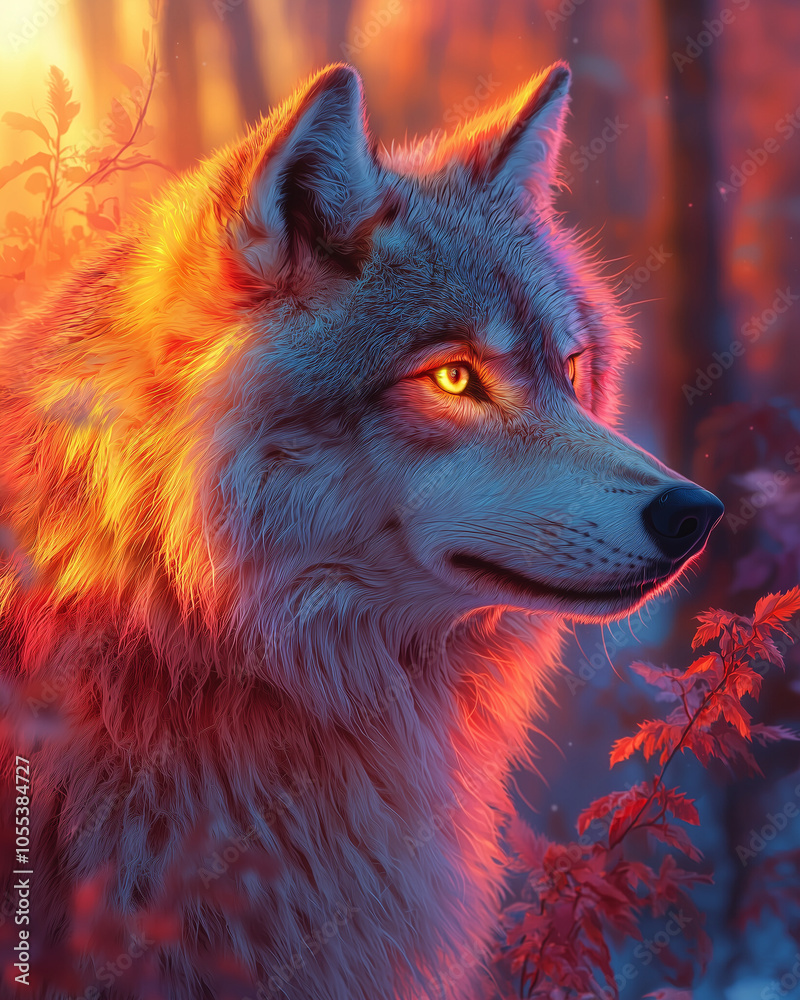 wolf in an autumn forest bathed in golden sunlight, with vivid reds illuminating its intense gaze wolf in an autumn forest bathed in golden sunlight, with vivid reds illuminating its intense gaze