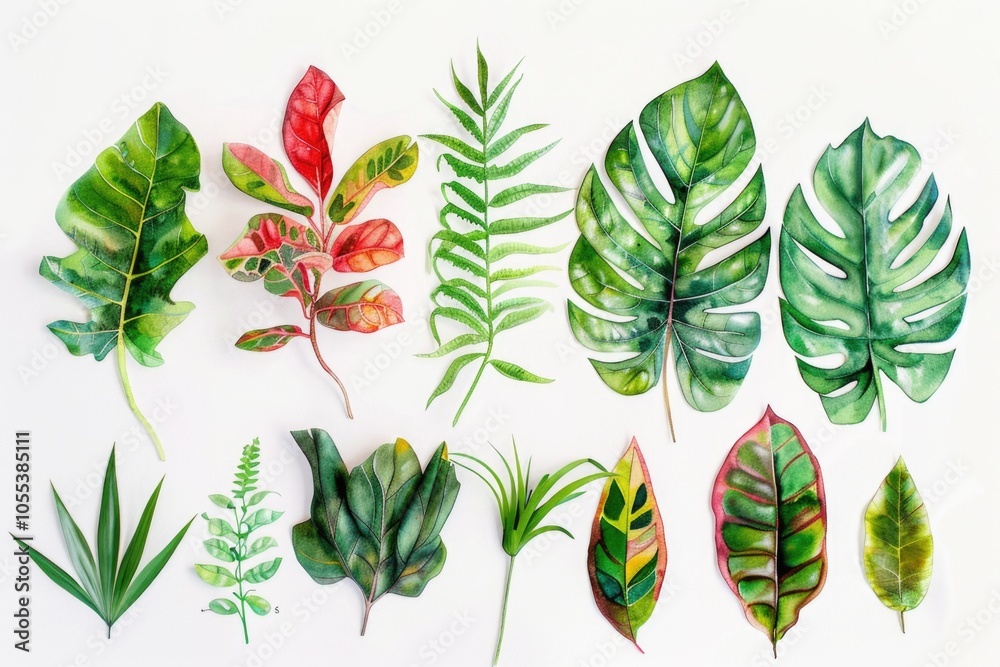A collection of colorful leaves arranged on a white background A collection of colorful leaves arranged on a white background