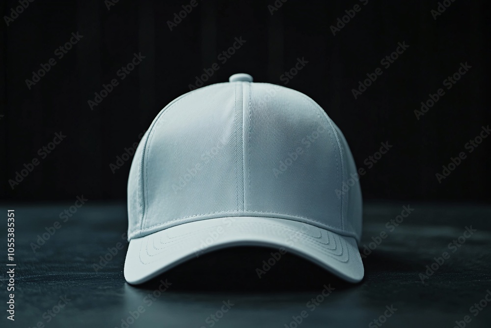 A plain white cap placed on a dark surface, showcasing its simple design and texture A plain white cap placed on a dark surface, showcasing its simple design and texture