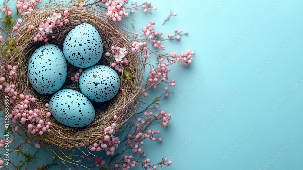 Obraz premium Blue Easter eggs nested on a soft blue background with space for text