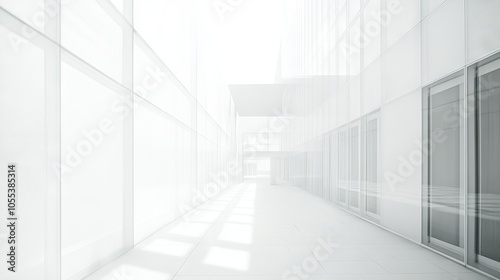 Blurry image of a white modern architectural building featuring abstract forms and clean lines in an urban setting