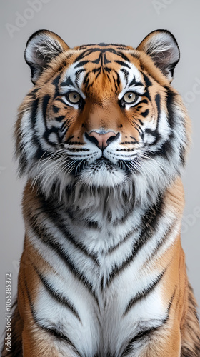 Tigers have powerful builds, bold orange fur with black stripes, and intense eyes. There is a sense of strength and grace about the tiger's face, with sharp features and a focused gaze.