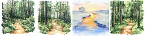Watercolor Landscape Serene watercolor landscape depicting forest trails and waterways, showcasing nature's beauty and tranquility for relaxation and inspiration.