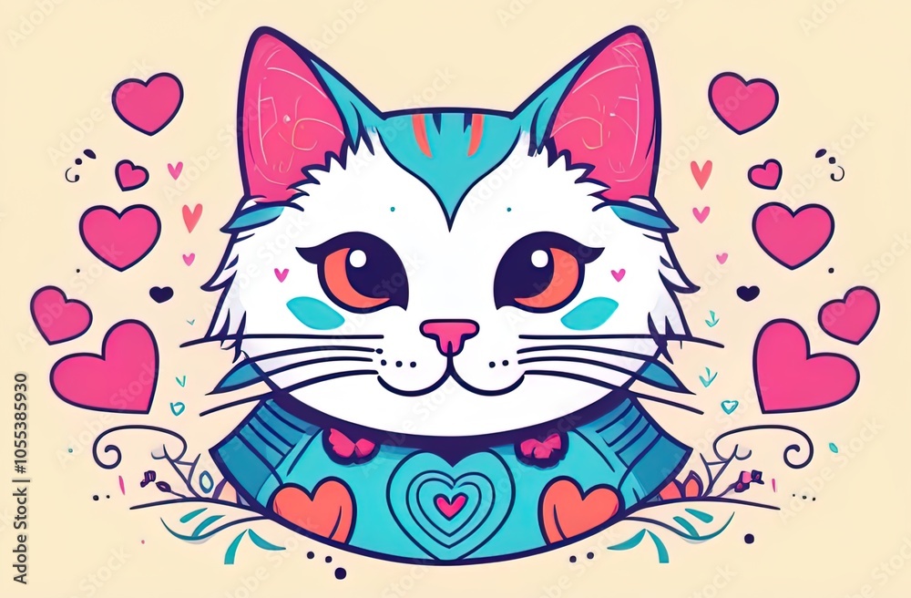A whimsical illustration of a cat face adorned with vibrant pink and teal heart patterns, surrounded by floating hearts, showcasing a playful and loving expression. A whimsical illustration of a cat face adorned with vibrant pink and teal heart patterns, surrounded by floating hearts, showcasing a playful and loving expression.