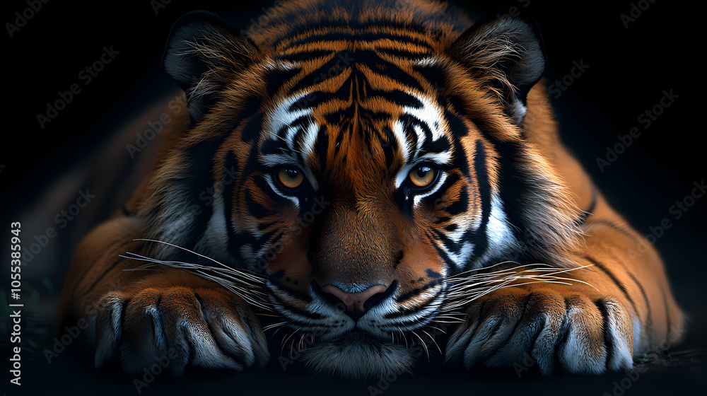 Fototapeta premium Tigers have powerful builds, bold orange fur with black stripes, and intense eyes. There is a sense of strength and grace about the tiger's face, with sharp features and a focused gaze.