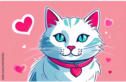 A charming cartoon illustration of a white and blue cat with bright green eyes, wearing a pink heart-shaped pendant on a matching collar, set against a pink background filled with heart symbols, captu photo