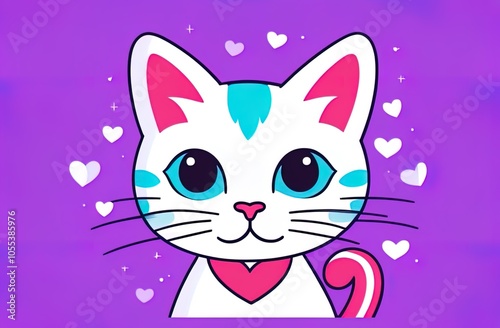 A vibrant illustration of an adorable white and pink cartoon cat with a heart marking on its chest, surrounded by small hearts on a purple background, exuding a theme of love and affection.