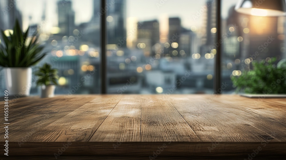 Elegant wooden desk in modern office interior with blurred cityscape background, contemporary workspace setting for professional business environments Elegant wooden desk in modern office interior with blurred cityscape background, contemporary workspace setting for professional business environments