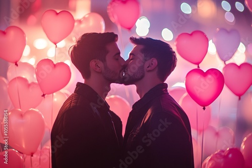 Two young gay men share a romantic kiss surrounded by heart decorations and soft glowing lights, creating a warm atmosphere for their special moment