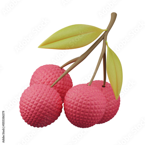 Ripe, Lychee with green leaves, a juicy summer treat ,isolated on white background, perfect for healthy diet and tropical desserts, 3d rendering