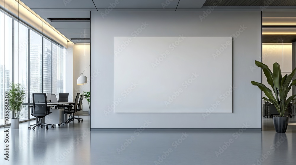 Spacious modern office interior featuring a blank wall with minimalist design and ample natural light