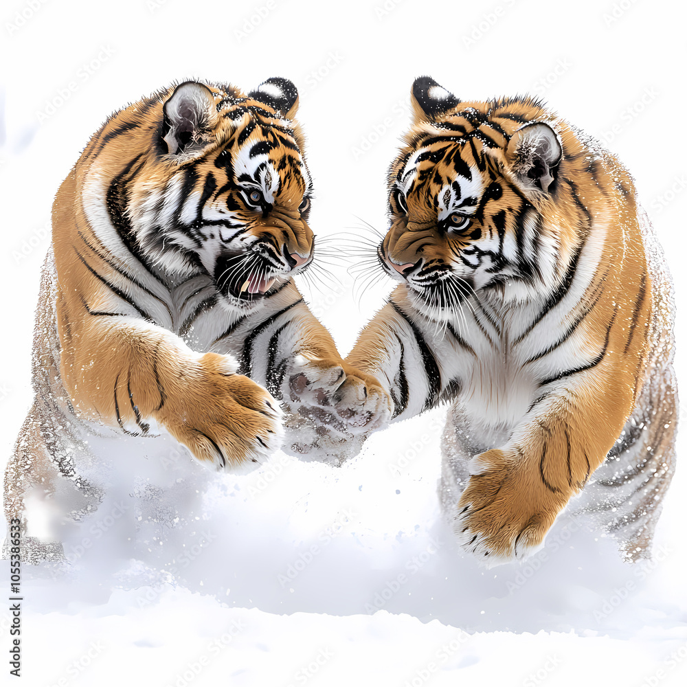 Obraz premium Tigers have powerful builds, bold orange fur with black stripes, and intense eyes. There is a sense of strength and grace about the tiger's face, with sharp features and a focused gaze.