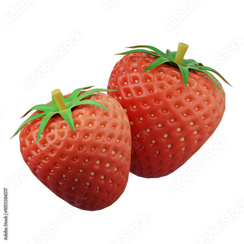 Ripe, juicy strawberry with green leaves, isolated on a white background, 3d rendering