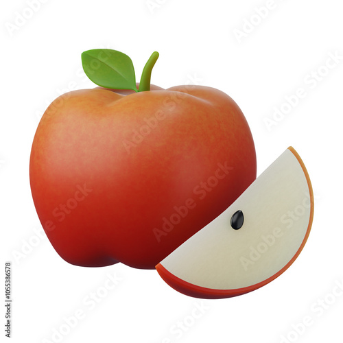 Red, ripe, juicy apple, a symbol of health and nature, sometimes even with a tiny worm, isolated on white background, 3d rendering