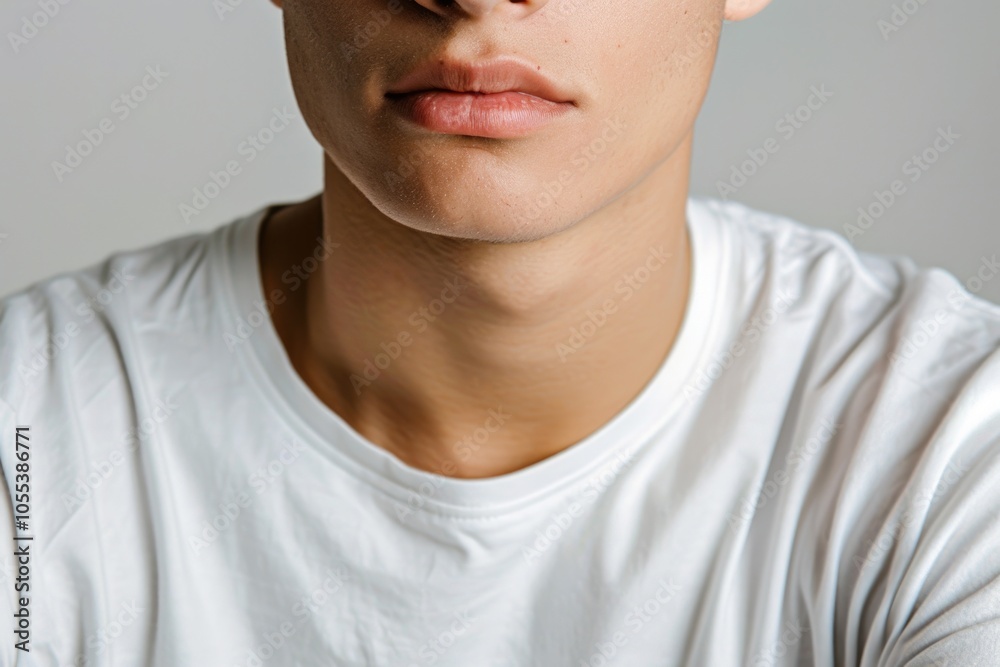 Fototapeta premium A close-up shot of a person wearing a white shirt, suitable for use as a portrait or in contexts where a simple, clean background is desired