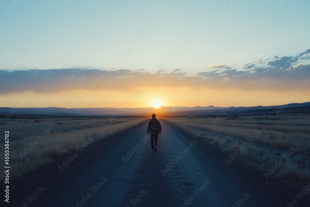 A person walking along a dirt road as the sun sets in the background A person walking along a dirt road as the sun sets in the background