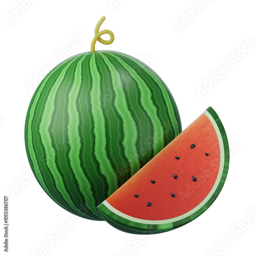 Watermelon fruit slice isolated on white background, vector illustration, 3d rendering