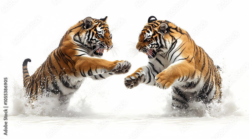 Obraz premium Tigers have powerful builds, bold orange fur with black stripes, and intense eyes. There is a sense of strength and grace about the tiger's face, with sharp features and a focused gaze.