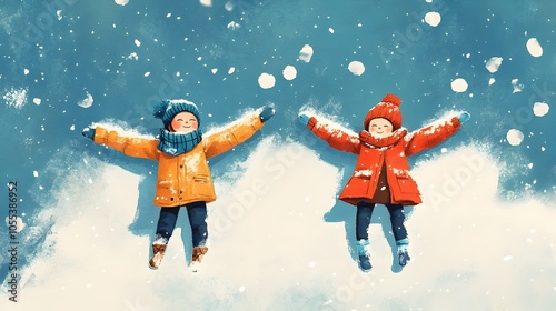Joyful Children Making Snow Angels in Peaceful Winter Landscape