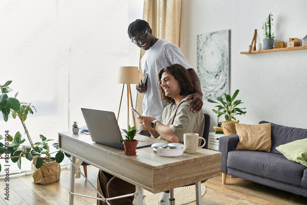 A loving couple shares laughter and warmth while working on their devices in a bright space. A loving couple shares laughter and warmth while working on their devices in a bright space.