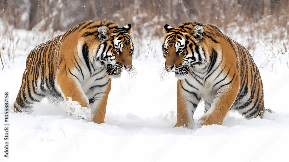 Obraz premium Tigers have powerful builds, bold orange fur with black stripes, and intense eyes. There is a sense of strength and grace about the tiger's face, with sharp features and a focused gaze.
