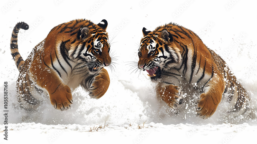 Obraz premium Tigers have powerful builds, bold orange fur with black stripes, and intense eyes. There is a sense of strength and grace about the tiger's face, with sharp features and a focused gaze.