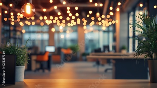 Business office interior without people featuring blurred bokeh background, modern workspace design, spacious professional environment, minimalist empty office space, contemporary corporate setting