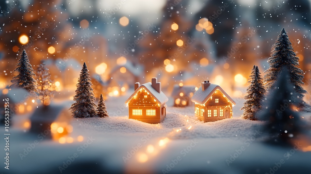 Fototapeta premium Snowy Village with Glowing Holiday Lights and Festive Minimal Style