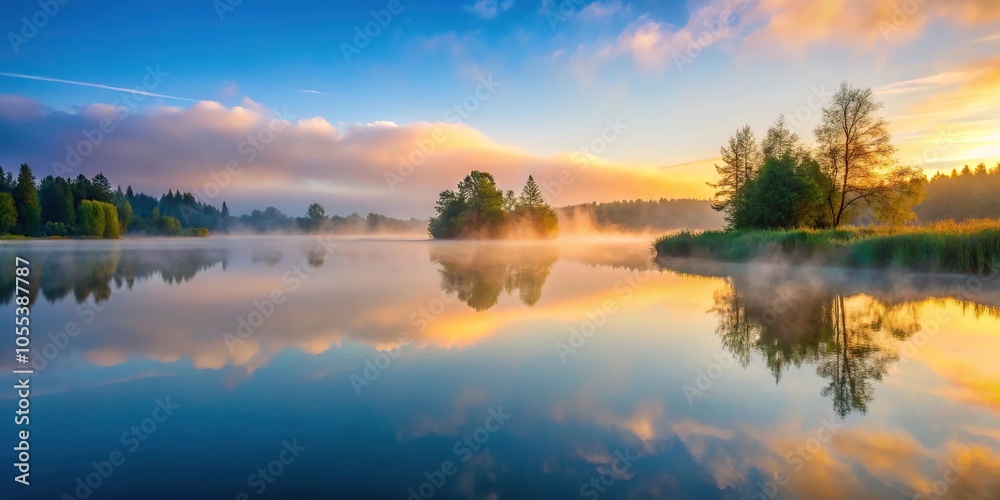 A serene lake at dawn with mist rising from the water's surface, natural beauty, calm scene, sunrise, nature scene A serene lake at dawn with mist rising from the water's surface, natural beauty, calm scene, sunrise, nature scene