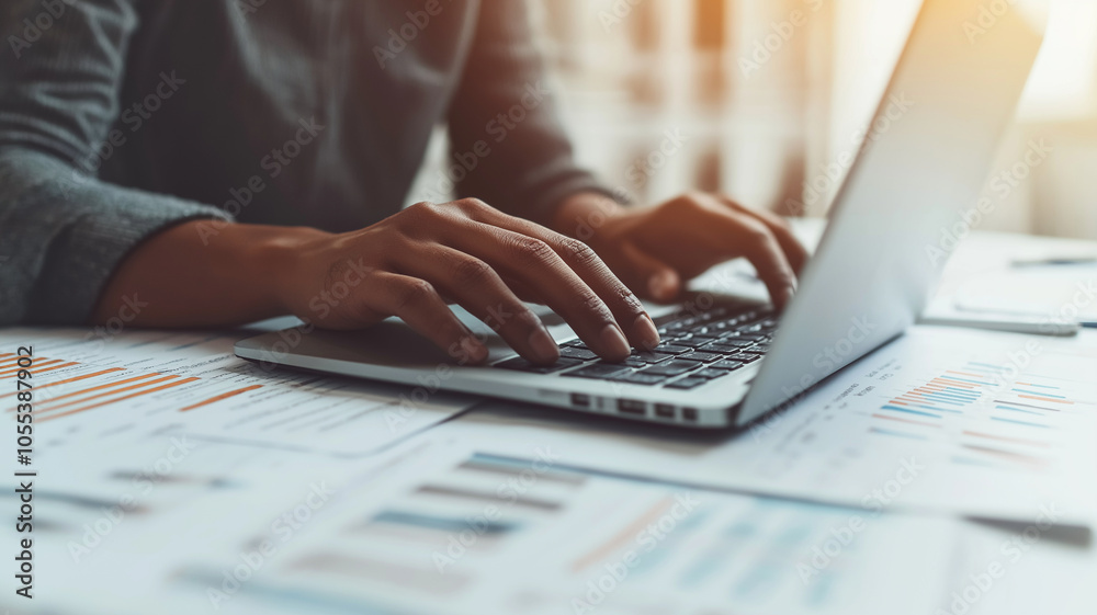 businessperson typing on laptop with documents on table businessperson typing on laptop with documents on table