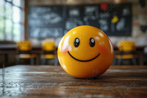 Yellow Smiley Face on Wooden Table with Blurred Background