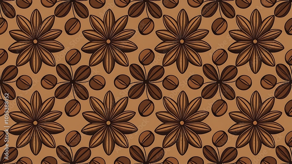 Seamless pattern with coffee beans and anise stars isolated on brown