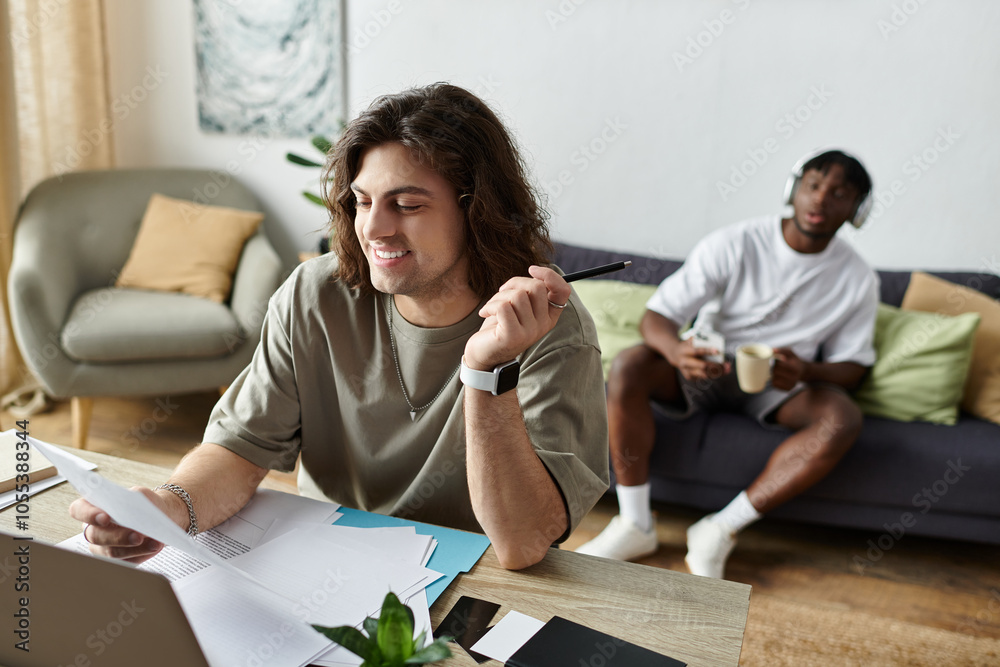 Two partners share a warm atmosphere at home, engaging in their favorite activities in harmony. Two partners share a warm atmosphere at home, engaging in their favorite activities in harmony.