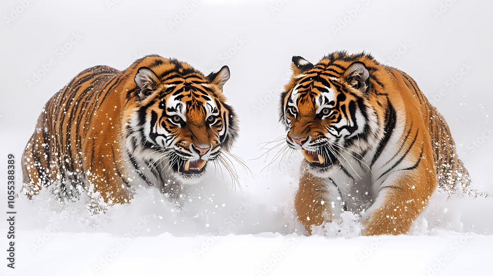 Obraz premium Tigers have powerful builds, bold orange fur with black stripes, and intense eyes. There is a sense of strength and grace about the tiger's face, with sharp features and a focused gaze.