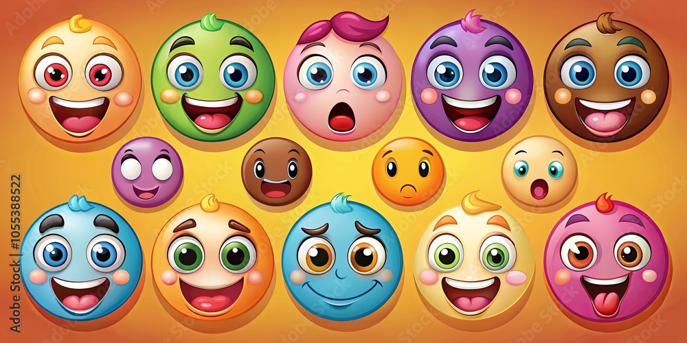 A collection of colorful circular cartoon faces exhibiting a variety of expressions, showcasing the range of human emotion