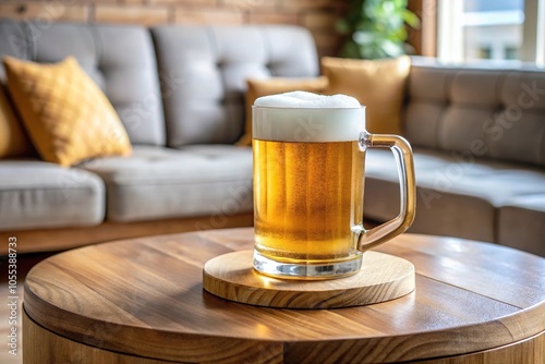 A single wooden beer mug filled with frothy golden liquid on a modern coffee table, mug, tablesettings photo