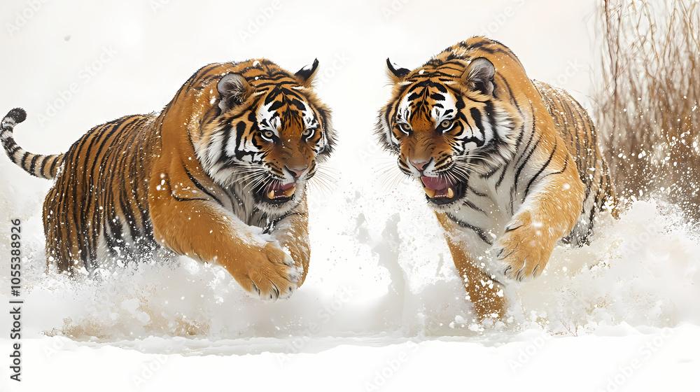 Obraz premium Tigers have powerful builds, bold orange fur with black stripes, and intense eyes. There is a sense of strength and grace about the tiger's face, with sharp features and a focused gaze.