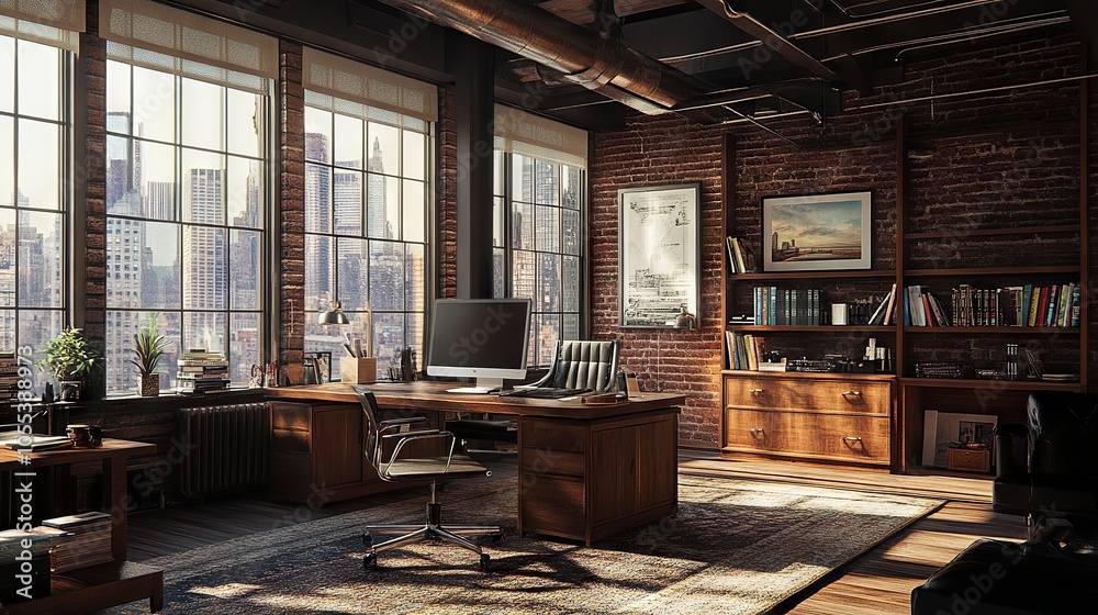 Spacious contemporary loft office with open floor plan, industrial-style windows, modern furniture, abundant natural light, and minimalist design Spacious contemporary loft office with open floor plan, industrial-style windows, modern furniture, abundant natural light, and minimalist design