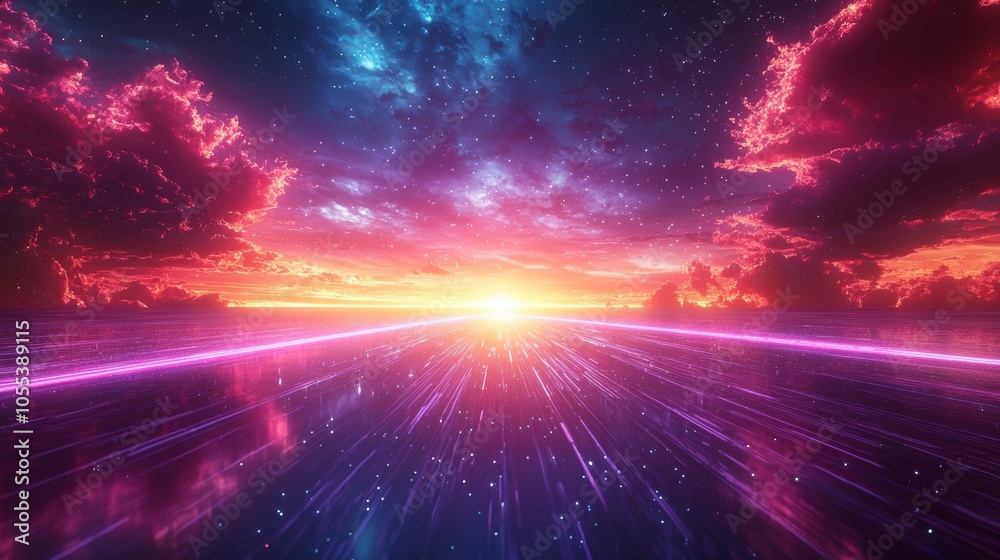 A futuristic road leading to a bright sunset. A futuristic road leading to a bright sunset.