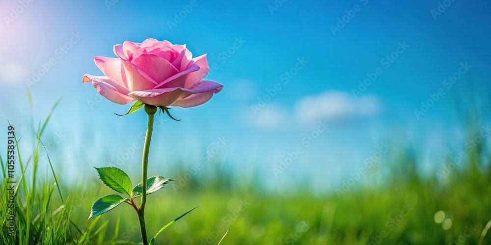 A solitary rose flower with delicate pink petals and a slender stem stands alone in a lush green meadow under a clear blue sky, landscape, pink, garden, bloom, nature A solitary rose flower with delicate pink petals and a slender stem stands alone in a lush green meadow under a clear blue sky, landscape, pink, garden, bloom, nature