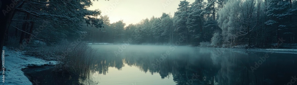 Tranquil Winter Lake Reflections Amid Frosty Trees Tranquil Winter Lake Reflections Amid Frosty Trees