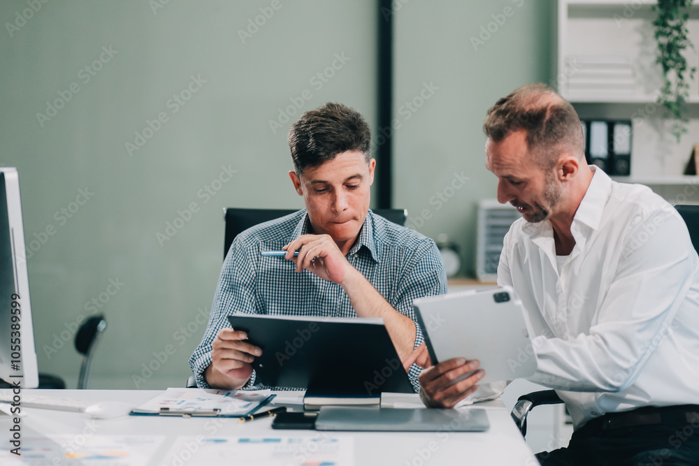 Obraz premium Two businessmen working together Analyze financial reports with charts and graphs while using the calculator to calculate budget, income, taxes, business growth. Startup business idea.